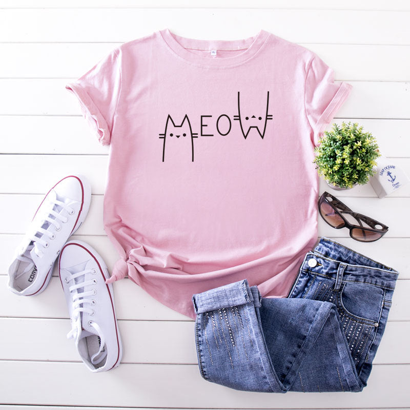 Casual Cat Meow Letter Cotton Short-sleeved T-shirt