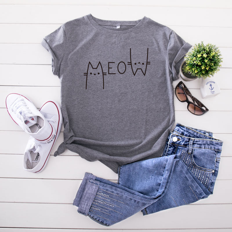 Casual Cat Meow Letter Cotton Short-sleeved T-shirt