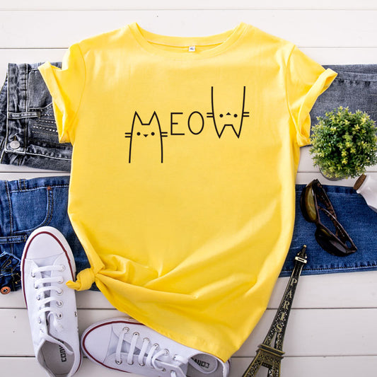 Casual Cat Meow Letter Cotton Short-sleeved T-shirt