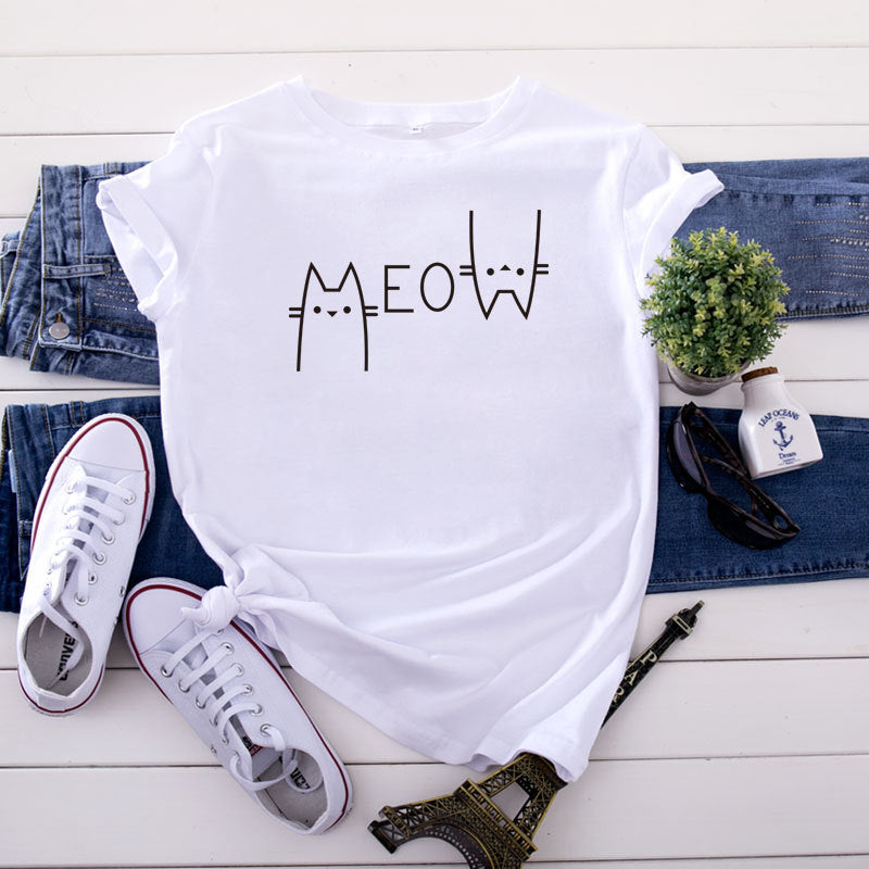 Casual Cat Meow Letter Cotton Short-sleeved T-shirt