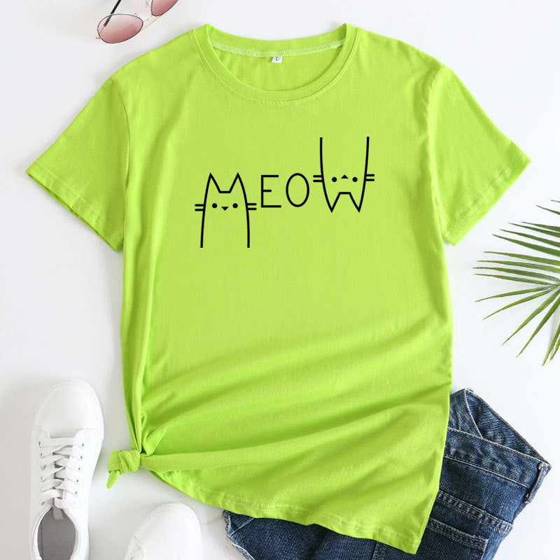 Casual Cat Meow Letter Cotton Short-sleeved T-shirt