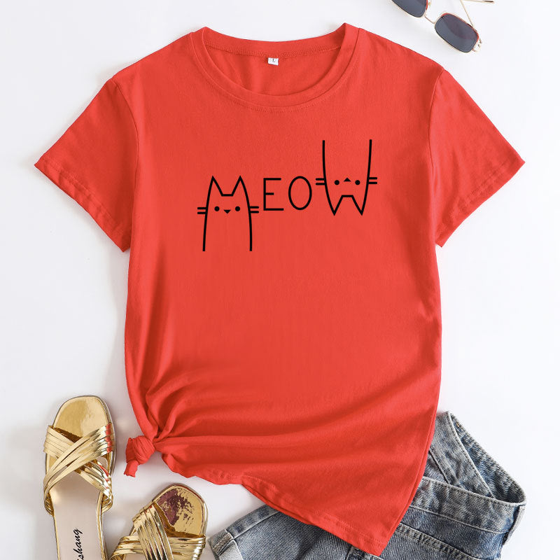 Casual Cat Meow Letter Cotton Short-sleeved T-shirt