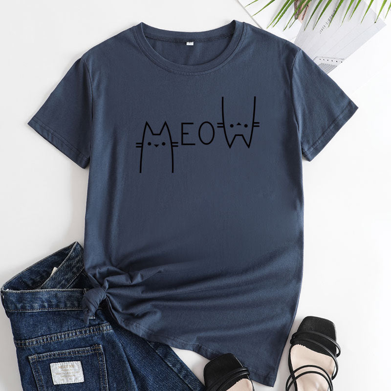 Casual Cat Meow Letter Cotton Short-sleeved T-shirt