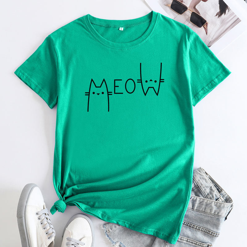 Casual Cat Meow Letter Cotton Short-sleeved T-shirt