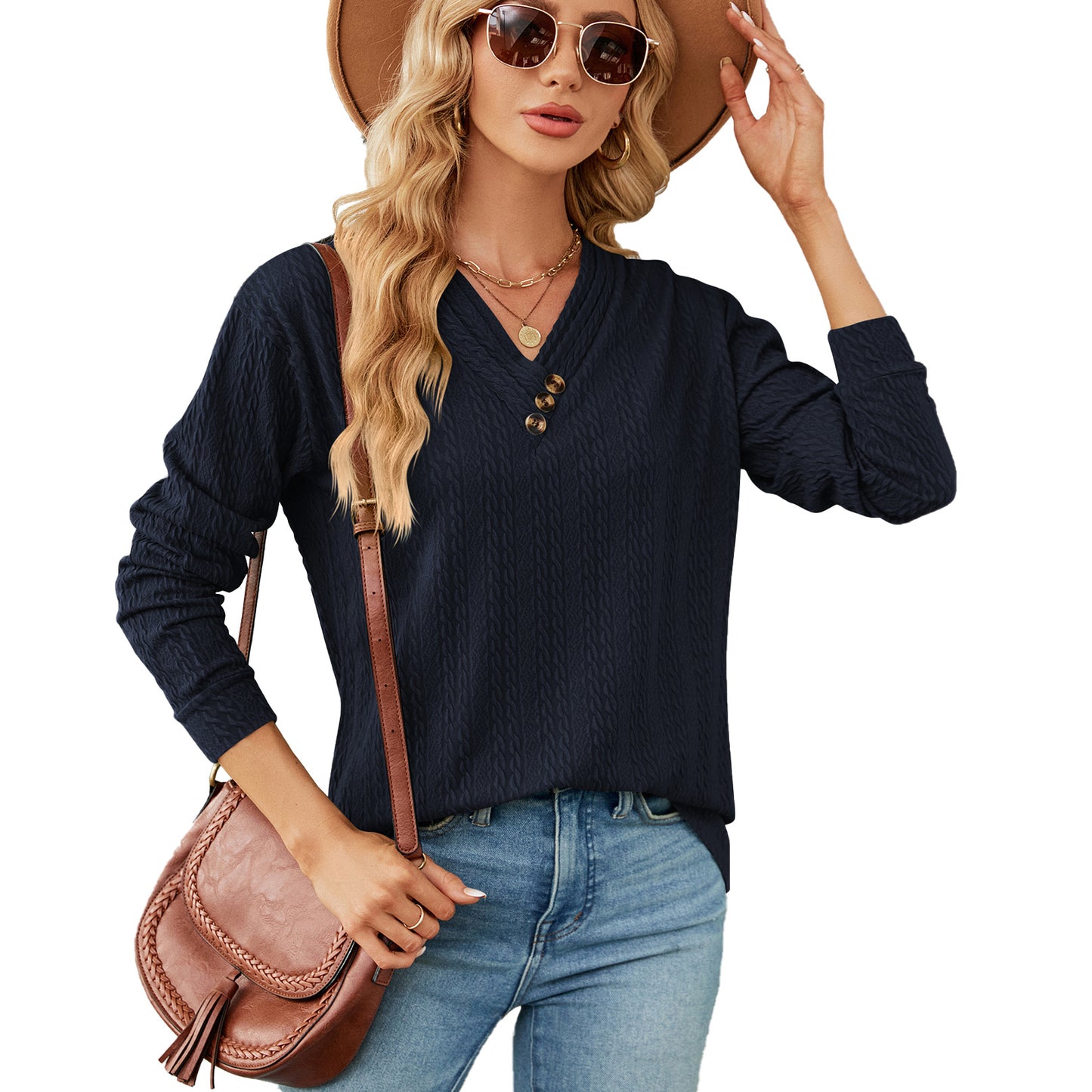 V-neck Buttons Loose Long-sleeved Top Women's Clothing