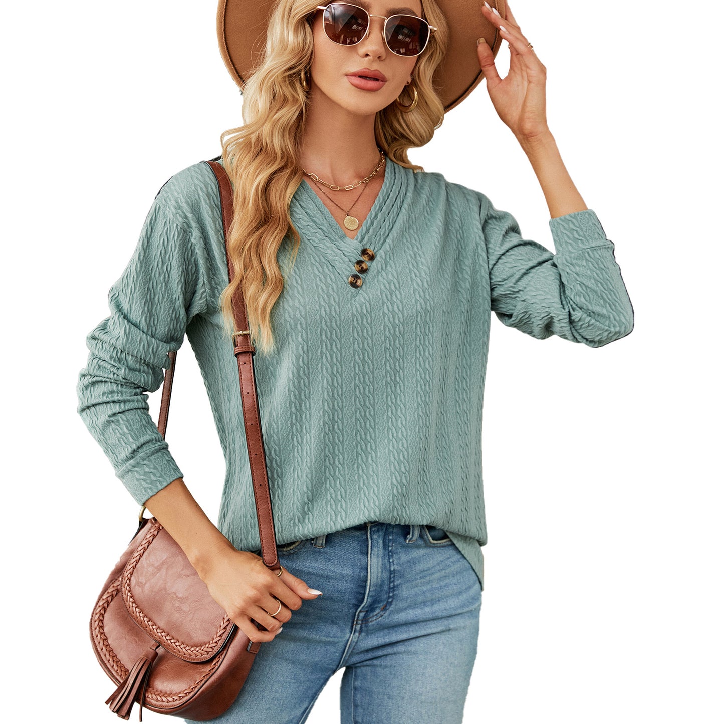 V-neck Buttons Loose Long-sleeved Top Women's Clothing