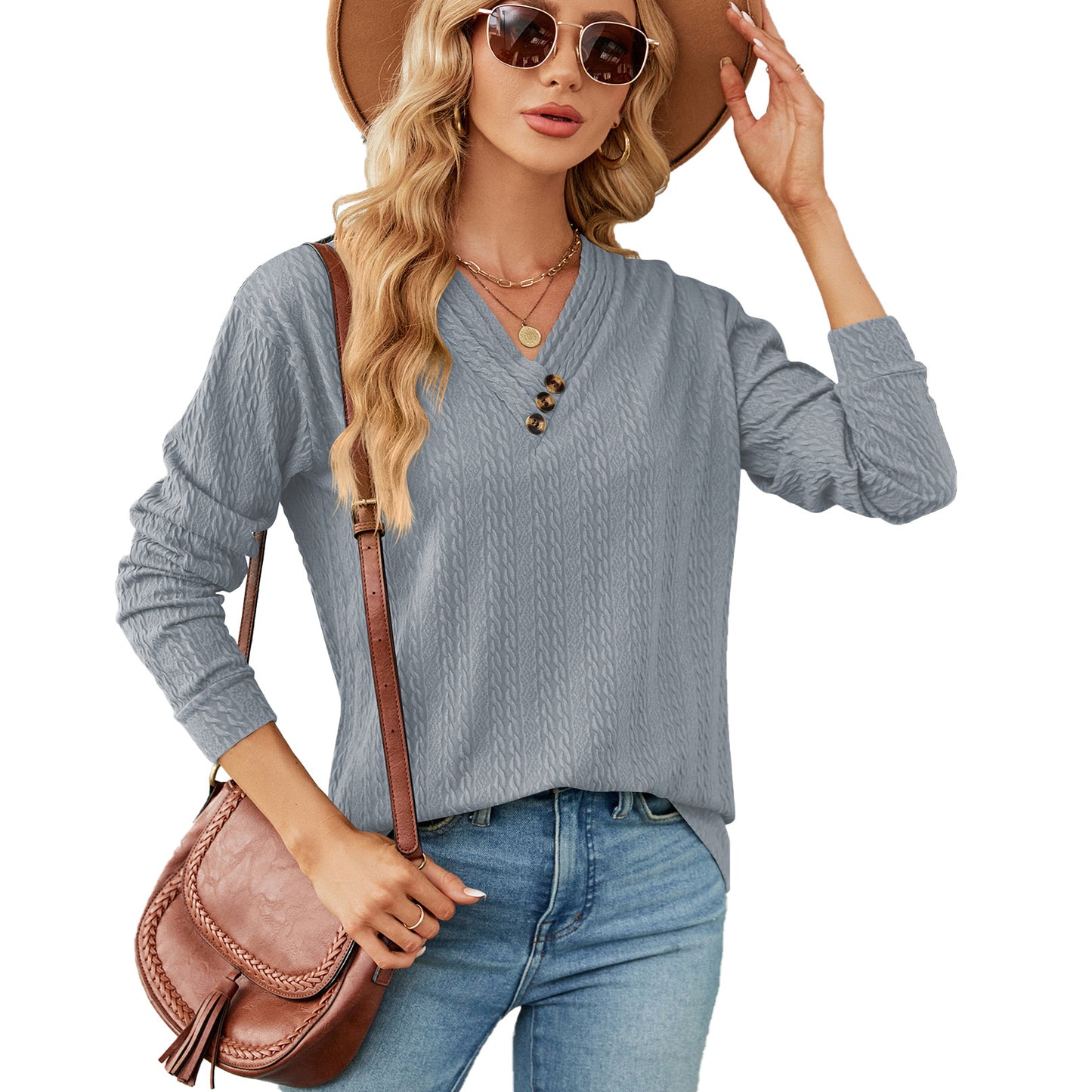 V-neck Buttons Loose Long-sleeved Top Women's Clothing