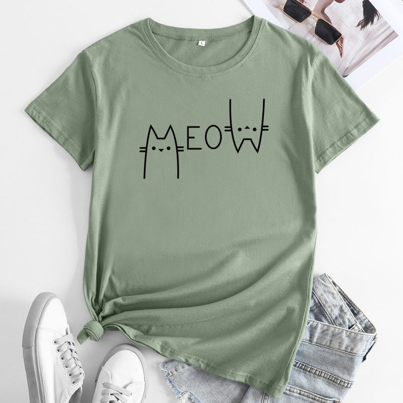 Casual Cat Meow Letter Cotton Short-sleeved T-shirt