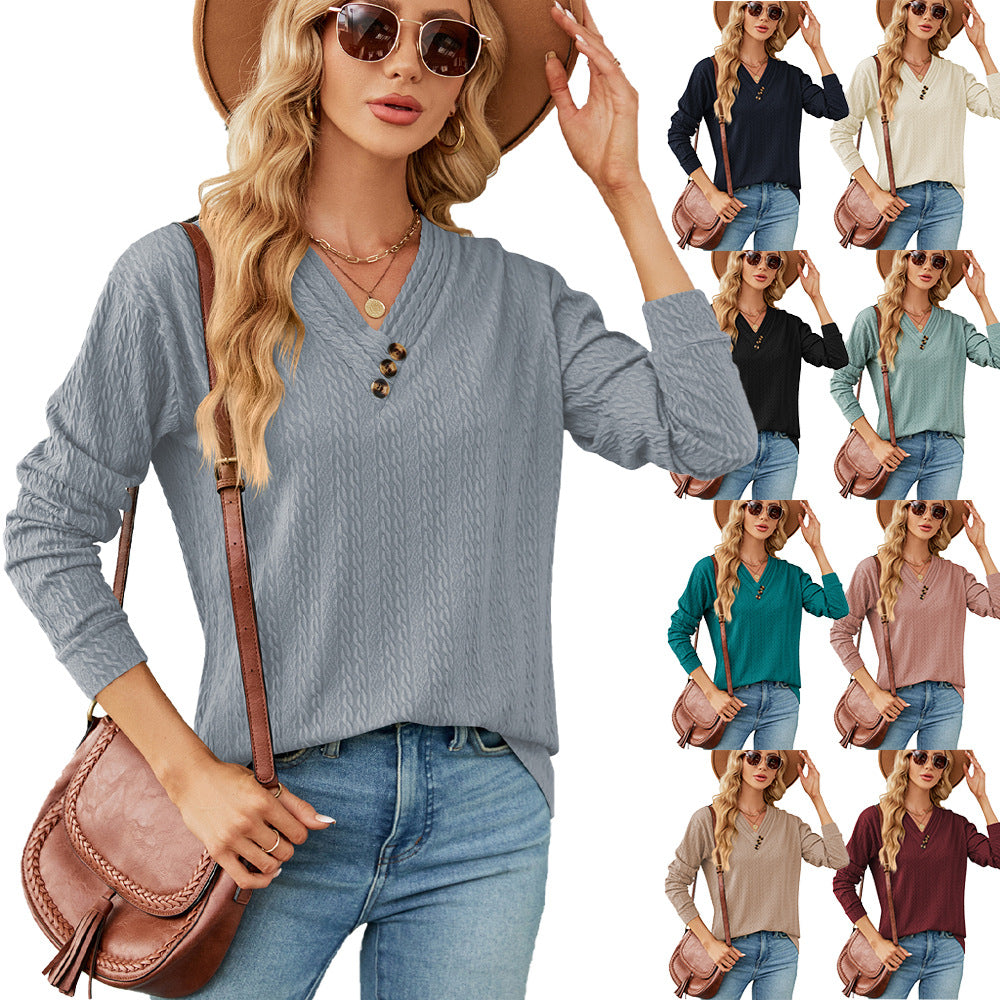 V-neck Buttons Loose Long-sleeved Top Women's Clothing