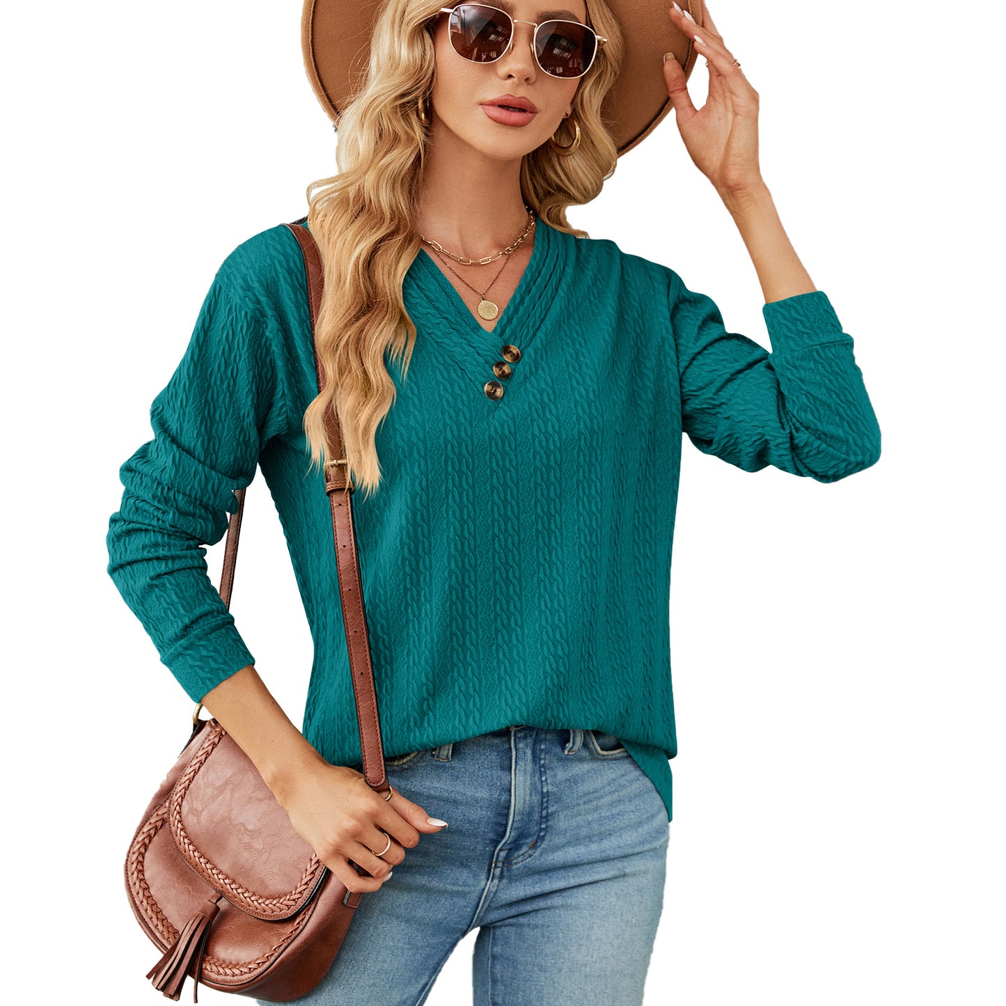 V-neck Buttons Loose Long-sleeved Top Women's Clothing