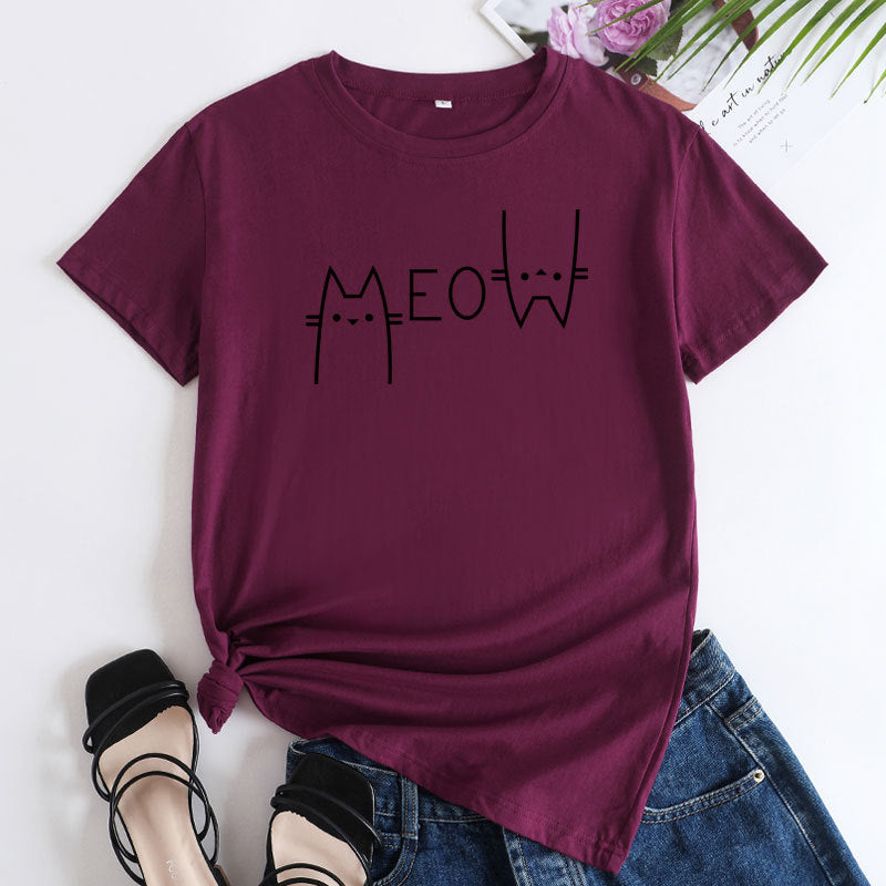 Casual Cat Meow Letter Cotton Short-sleeved T-shirt