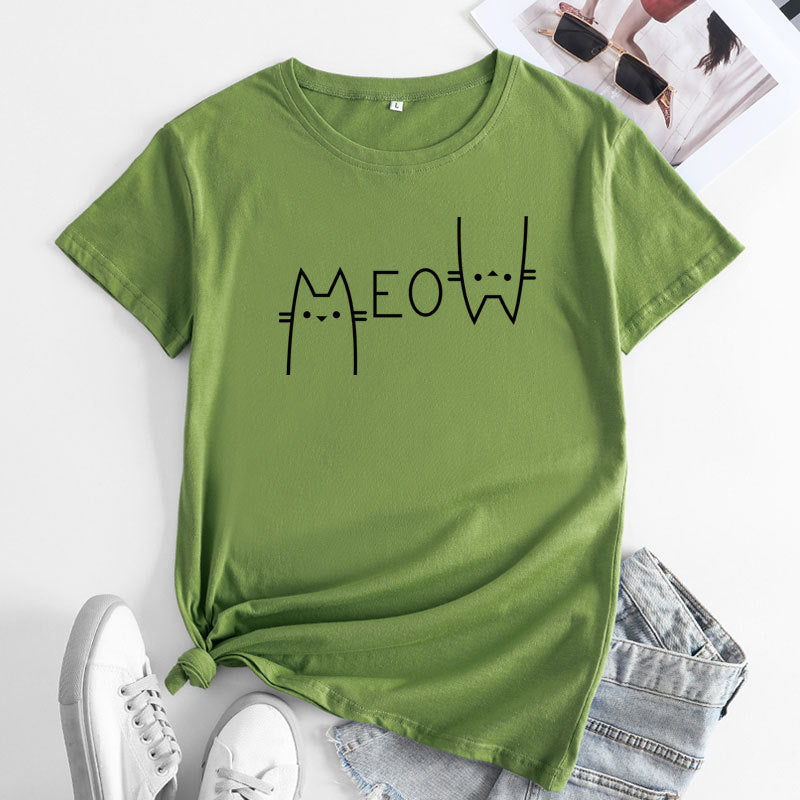 Casual Cat Meow Letter Cotton Short-sleeved T-shirt