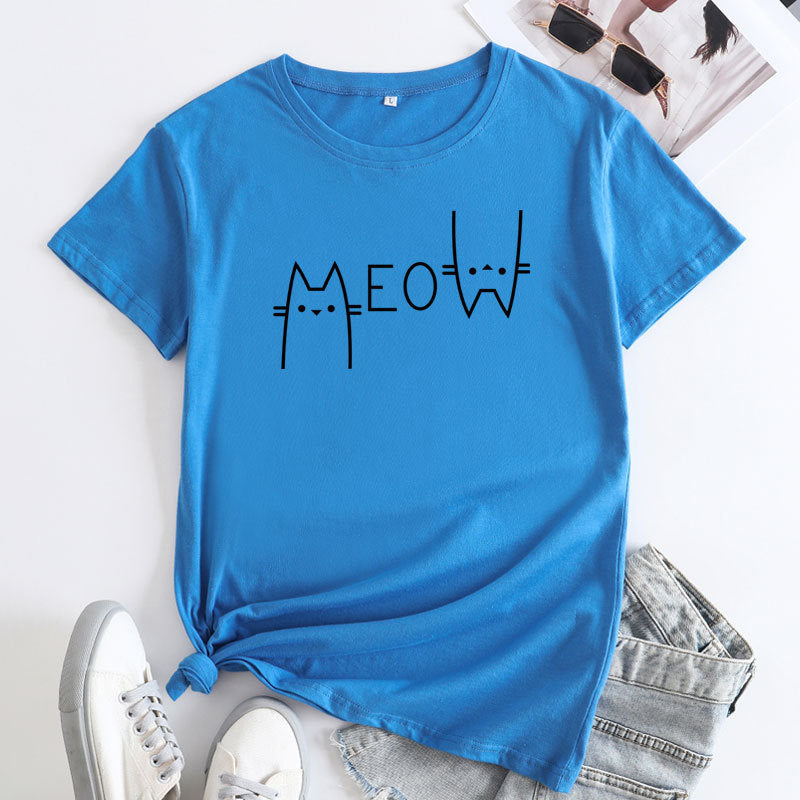 Casual Cat Meow Letter Cotton Short-sleeved T-shirt