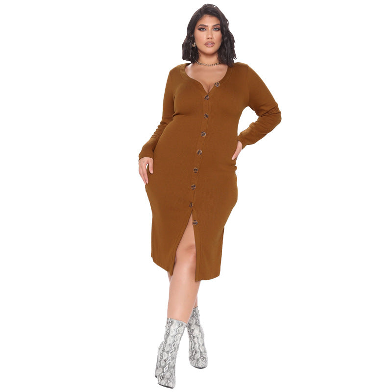 Solid Color Long Sleeve Cardigan Fashion Dress Plus Size Women's Clothing